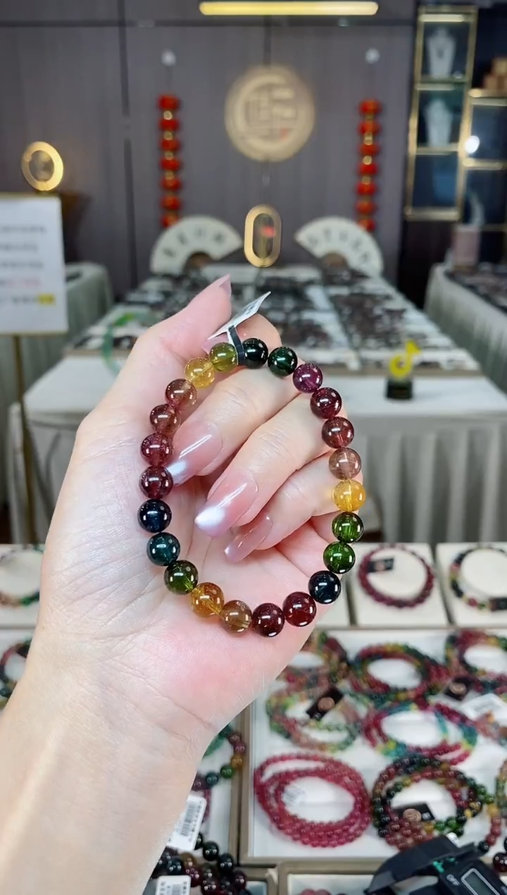 未镶嵌冰透体老矿碧玺彩虹单圈手串8mm+碧玺多样性发一条hon