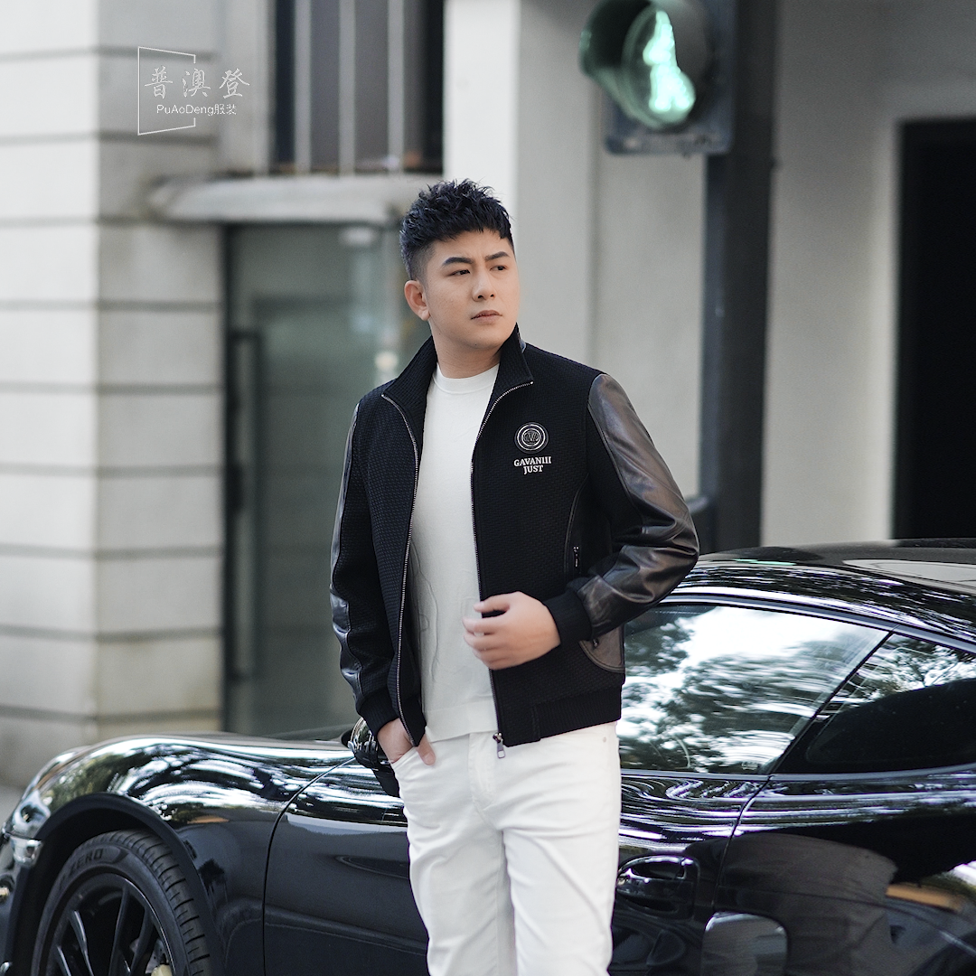 2024冬季新款轻奢时尚潮流百搭修身拼真皮男士棉服休闲夹克外套