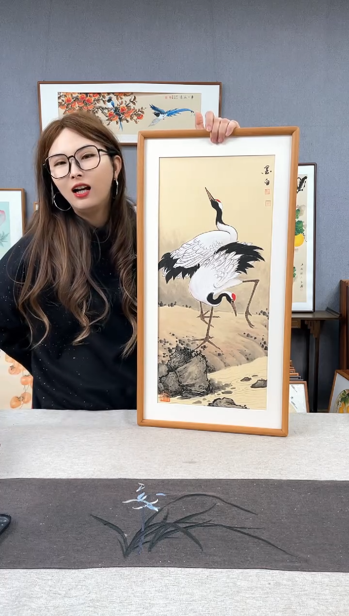 【闪购商品】国画周跃飞-纯手绘带框作品-35*68-仙鹤