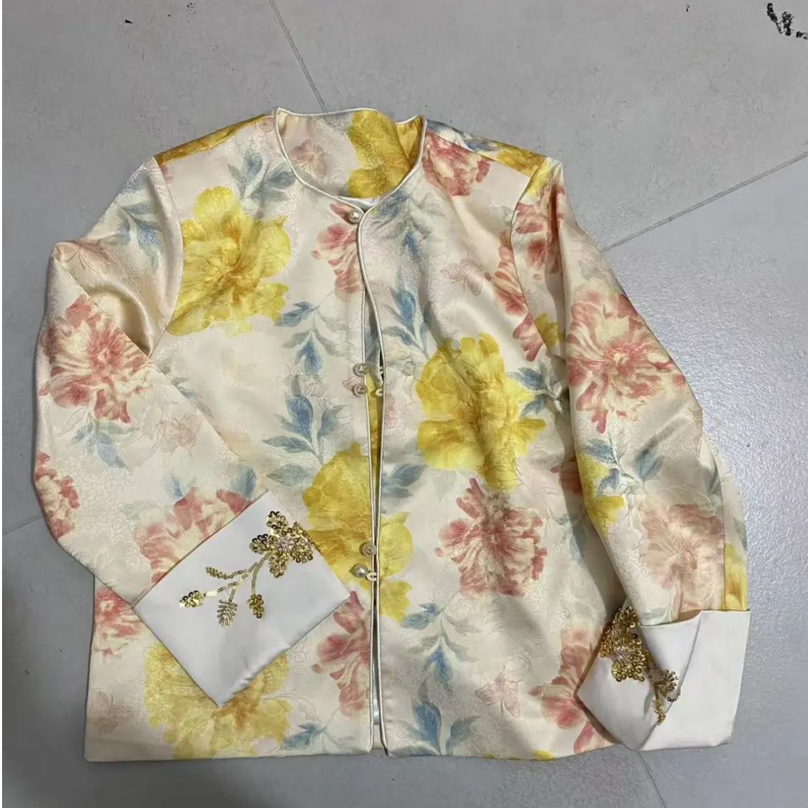 休闲长袖百搭薄款时尚提花直襟花色中式春款常规款上衣春季夏季