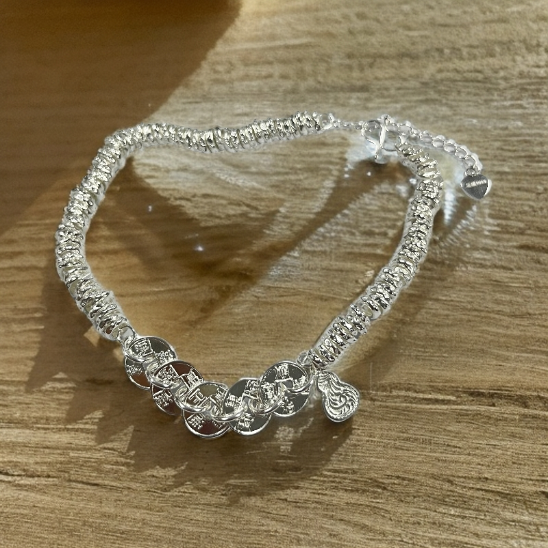 足银脚链 民族风五帝币唐草纹葫芦脚链