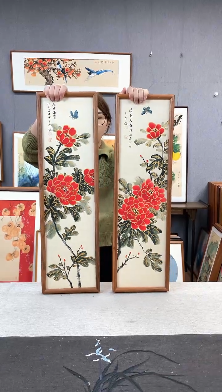 【闪购商品】国画孔德尚-手绘带框作品-20*70-牡丹