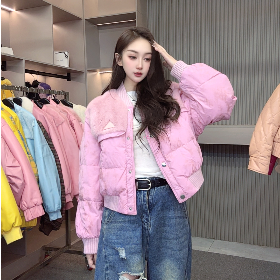  2025高端轻奢时尚撞色水貂毛拼鹅绒外套2561