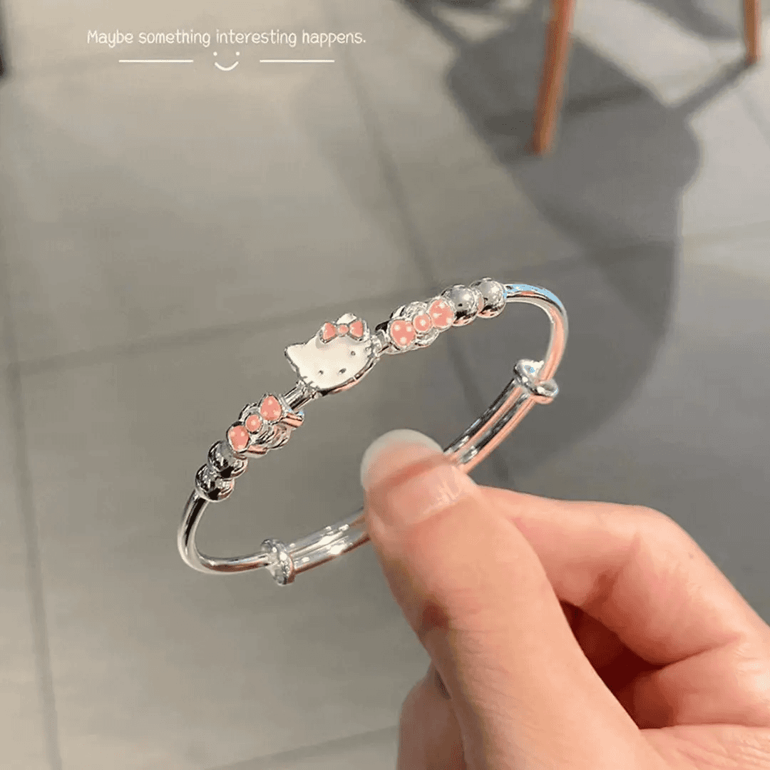 足银手镯 中童纯银999手镯Kitty猫粉色可爱亲子儿童镯子生日礼物