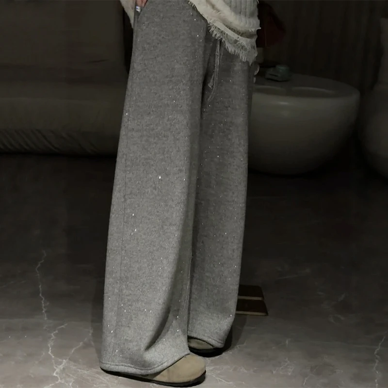 冬季加绒灰色闪钻毛呢阔腿裤子女大码独特设计感超好看直筒休闲裤