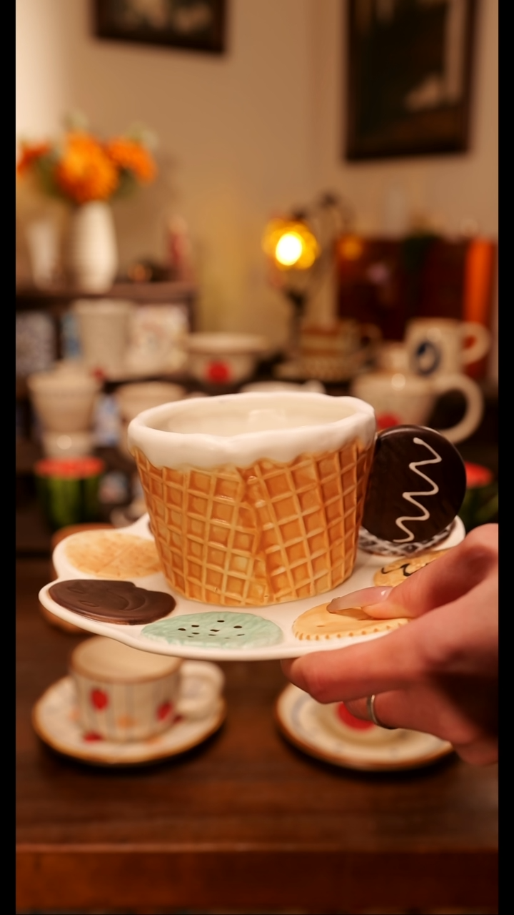 陶便携款华夫饼杯碟手作一套  手绘釉下彩