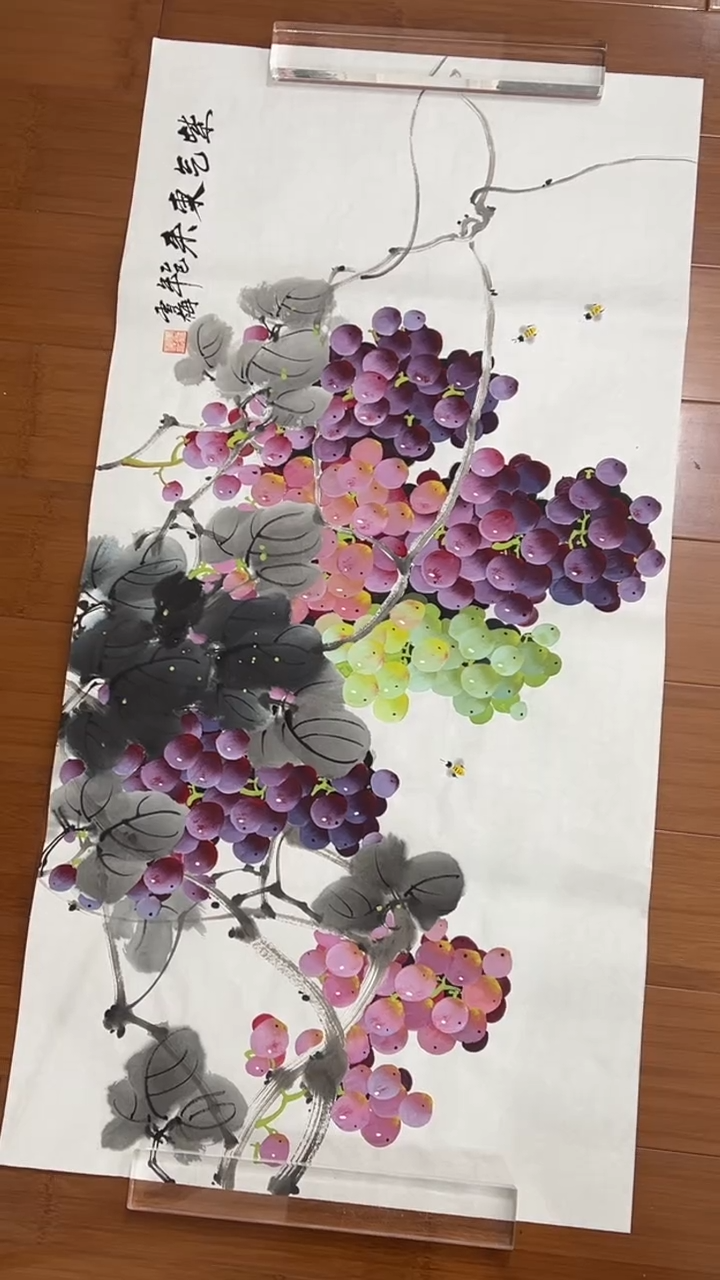 国画【福利，纯手工手绘】李雪梅葡萄横幅98*50厘米