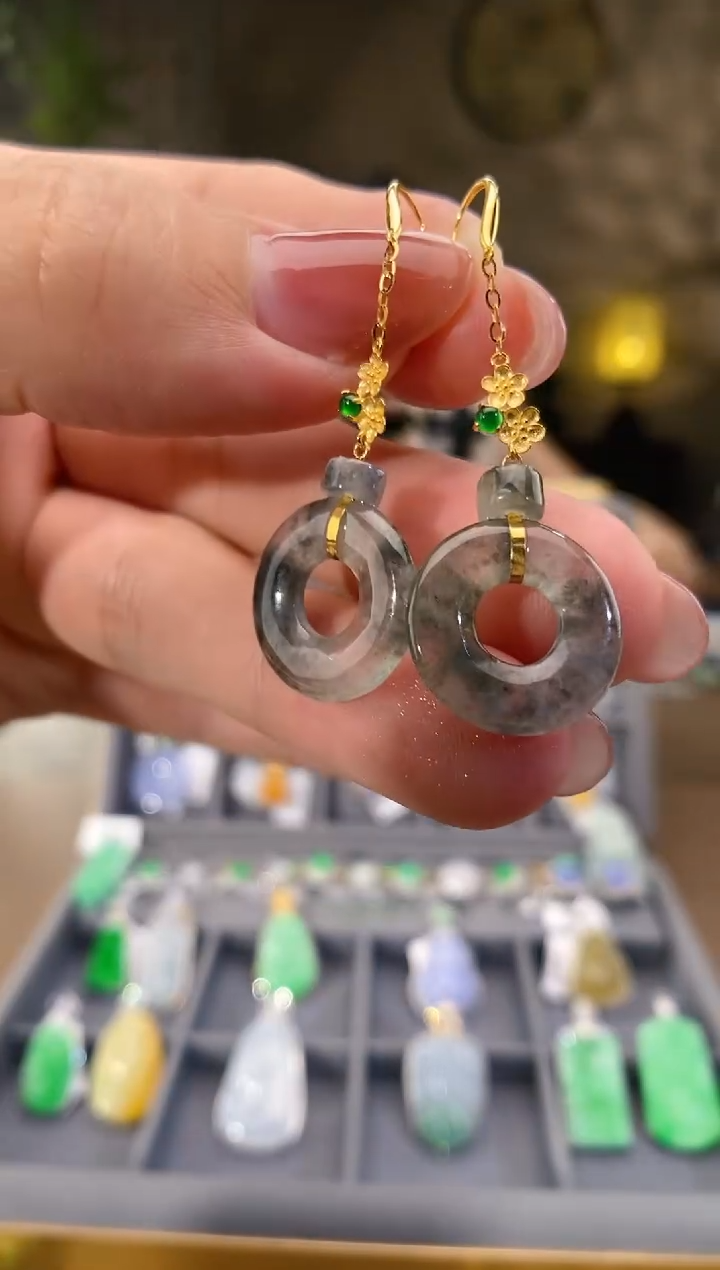 吊坠(不含链)18K金镶嵌翡翠耳饰一对