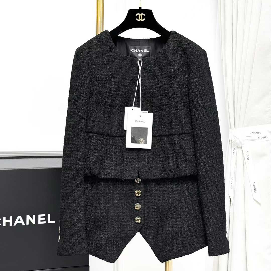 99新 Chanel/香奈儿 36码22C黑色圆领束腰编织外套