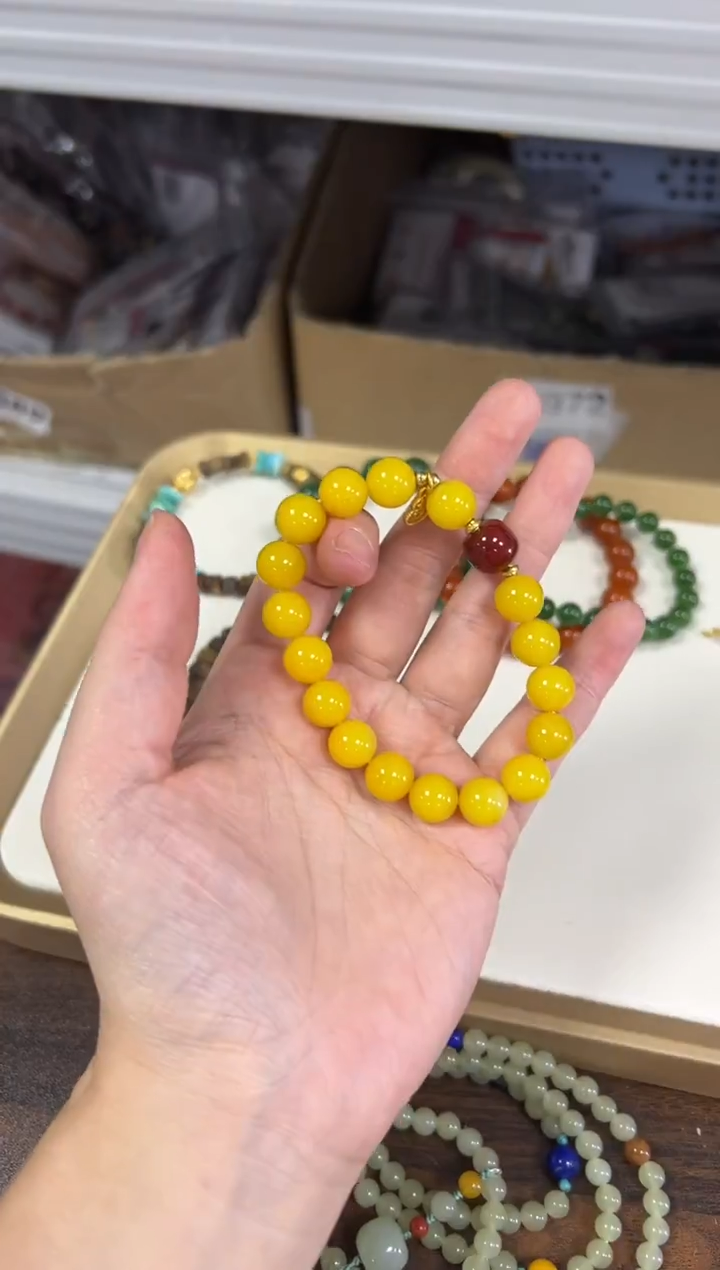 未镶嵌手链玛瑙/玉髓鸡油黄玛瑙圆珠设计款手链10MM