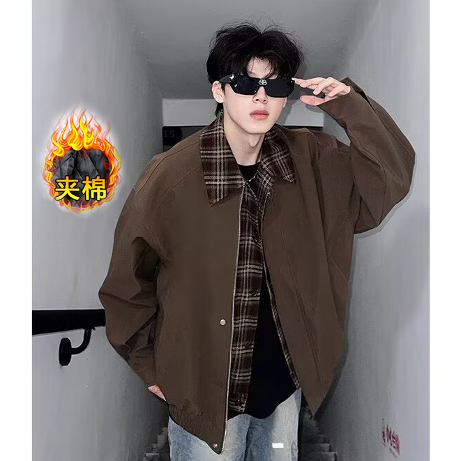 美拉德假两件夹克男棕色外套秋冬宽松翻领cleanfit棉服复古棒球服