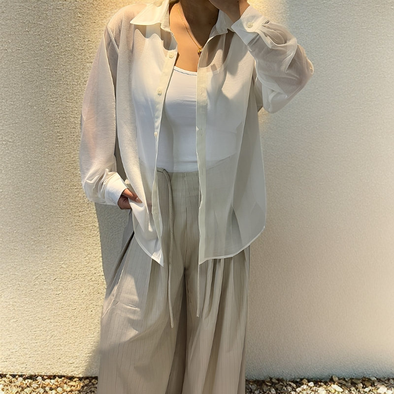 2025春夏新款气质玻璃砂宽松洋气百搭显瘦宽松防嗮衫衬衫透明夏季