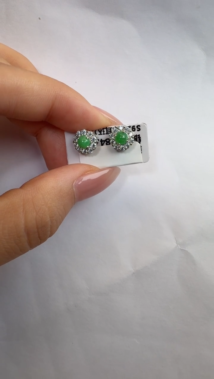 银S925镶嵌翡翠耳饰通体925银镶缅甸A货翡翠耳钉