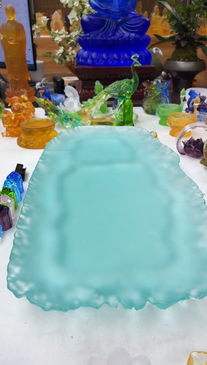 手工艺品琉璃?****~天青色干泡台40*23公分