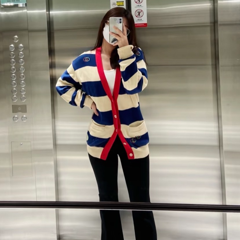 99新 GUCCI/古驰 H14160 拼色双G刺绣条纹棉质V领长袖针织外套