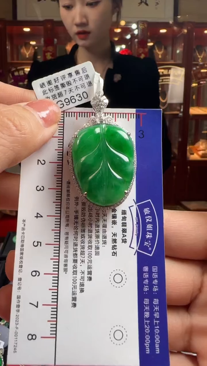 【闪购商品】翡翠颈饰18K金镶嵌G9630辣绿叶子