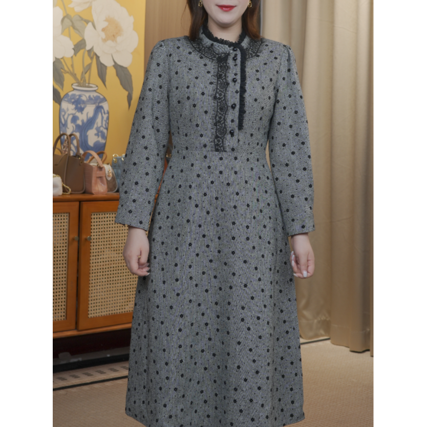 K25023F花沙灰提花木耳边连衣裙秋冬新款优雅显瘦A字裙（有内衬）