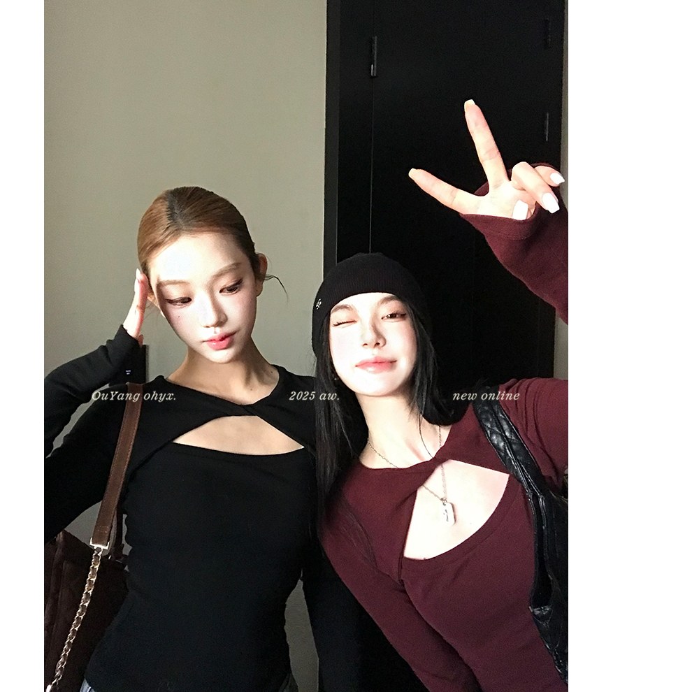 韩系纯欲风小心机打底衫升温加绒扭结镂空修身显瘦长袖T恤女上衣