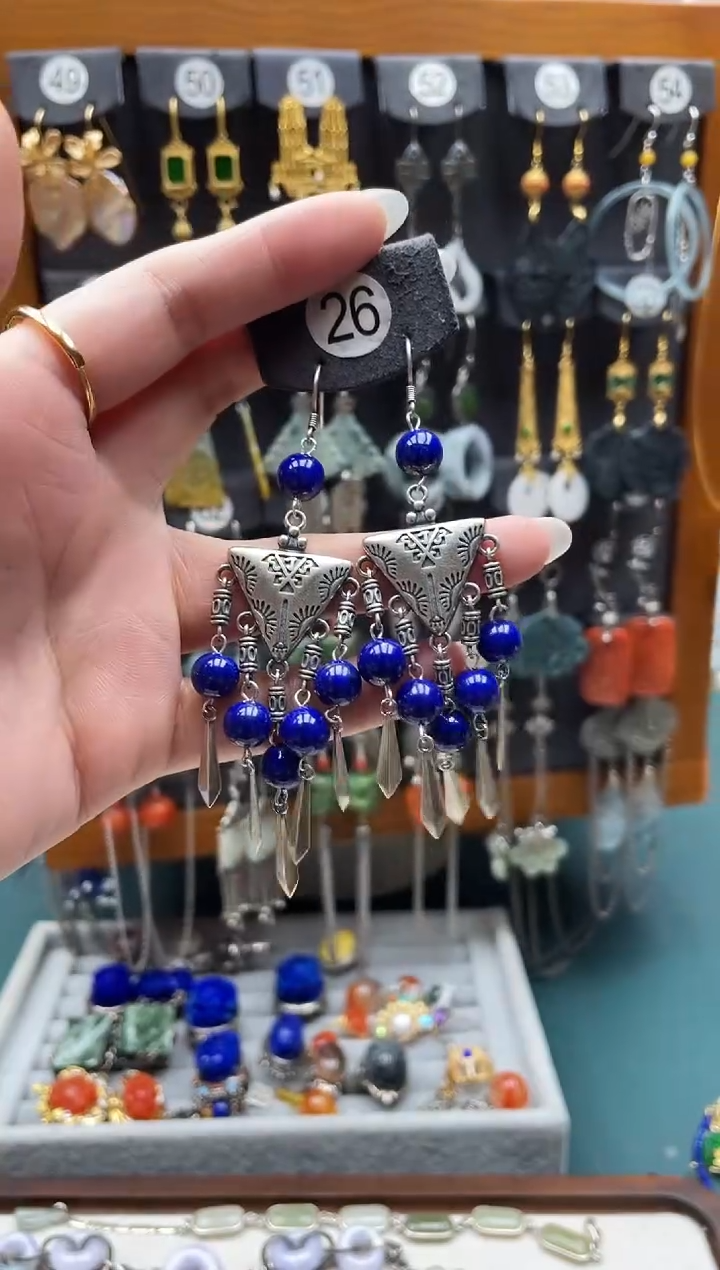 青金石银S925镶嵌耳饰秋*饰品