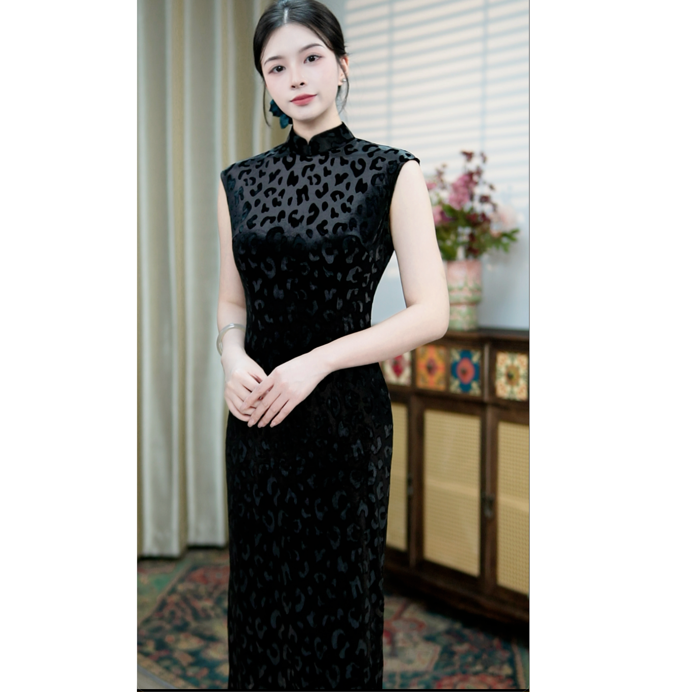 锦笙 |锦墨125cm新中式改良无袖丝绒拉链款修身显瘦早秋气质旗袍