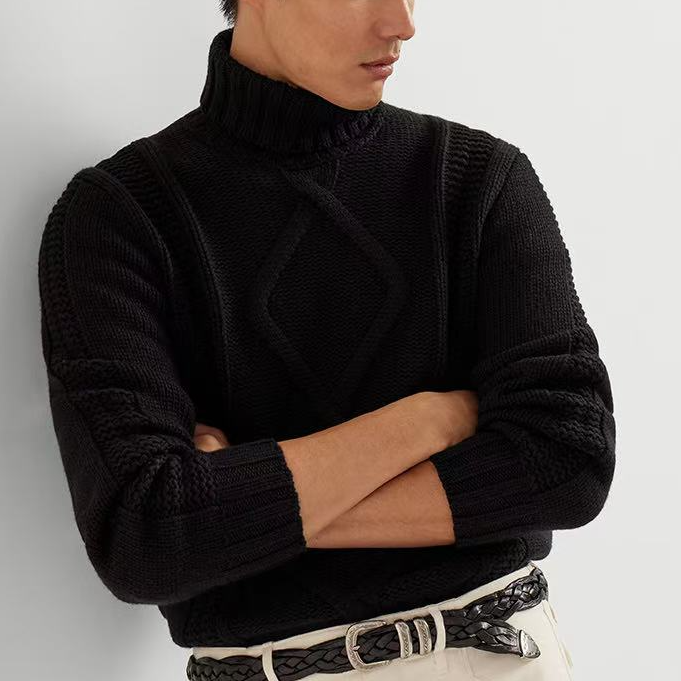 白的Official【100美利奴羊毛BC3W8】高领扭花打底羊毛衫男士秋冬