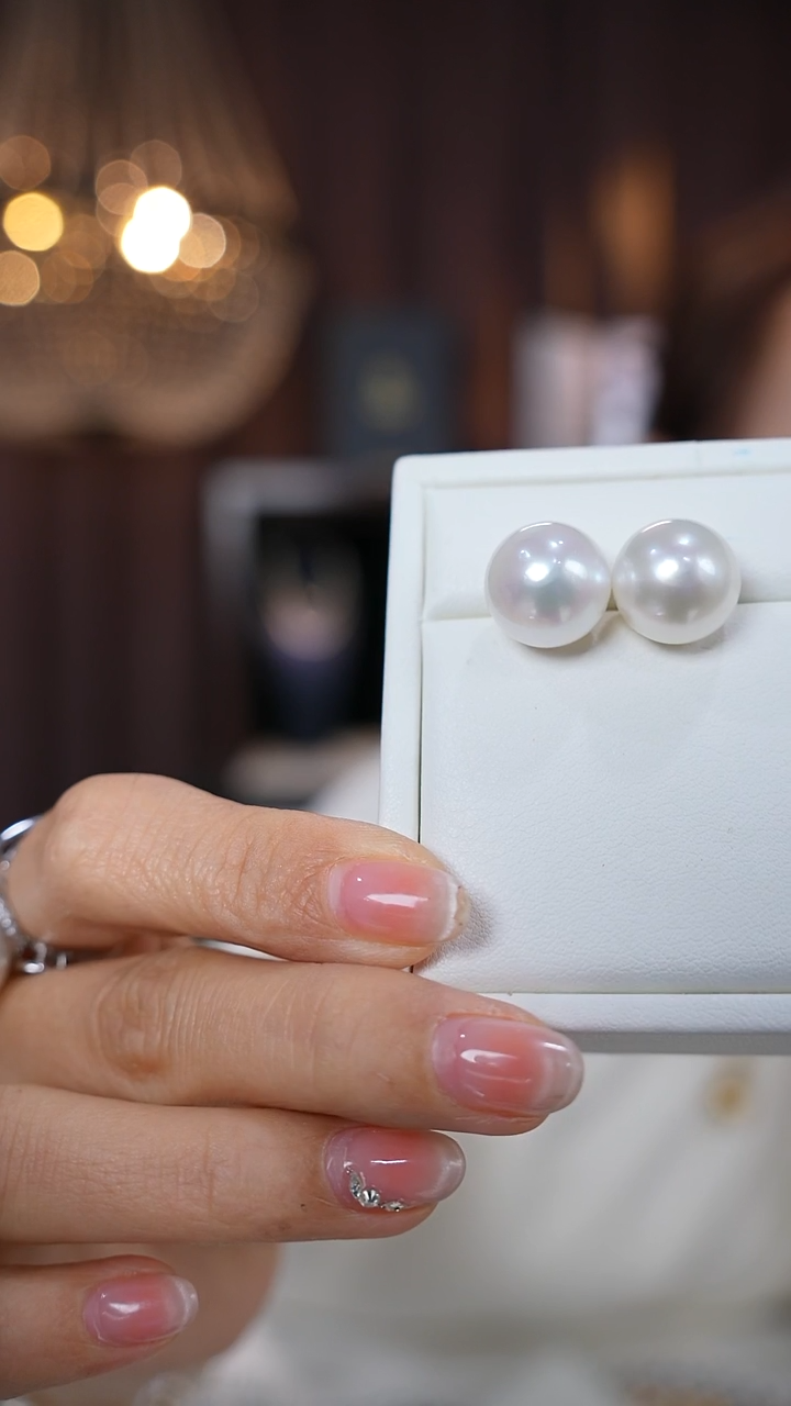 18K金镶嵌耳饰海水珍珠澳白13-14mm