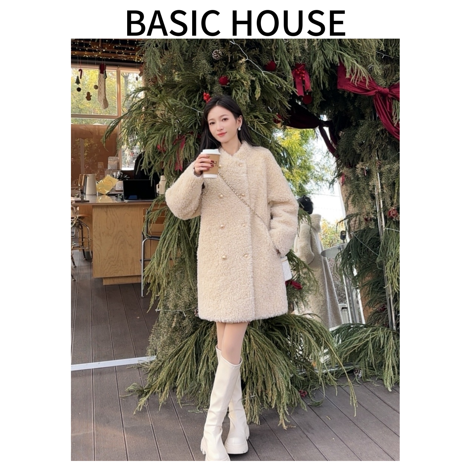 Basic House/百家好新款颗粒羊毛冬季外套高端百搭中长款大衣女C