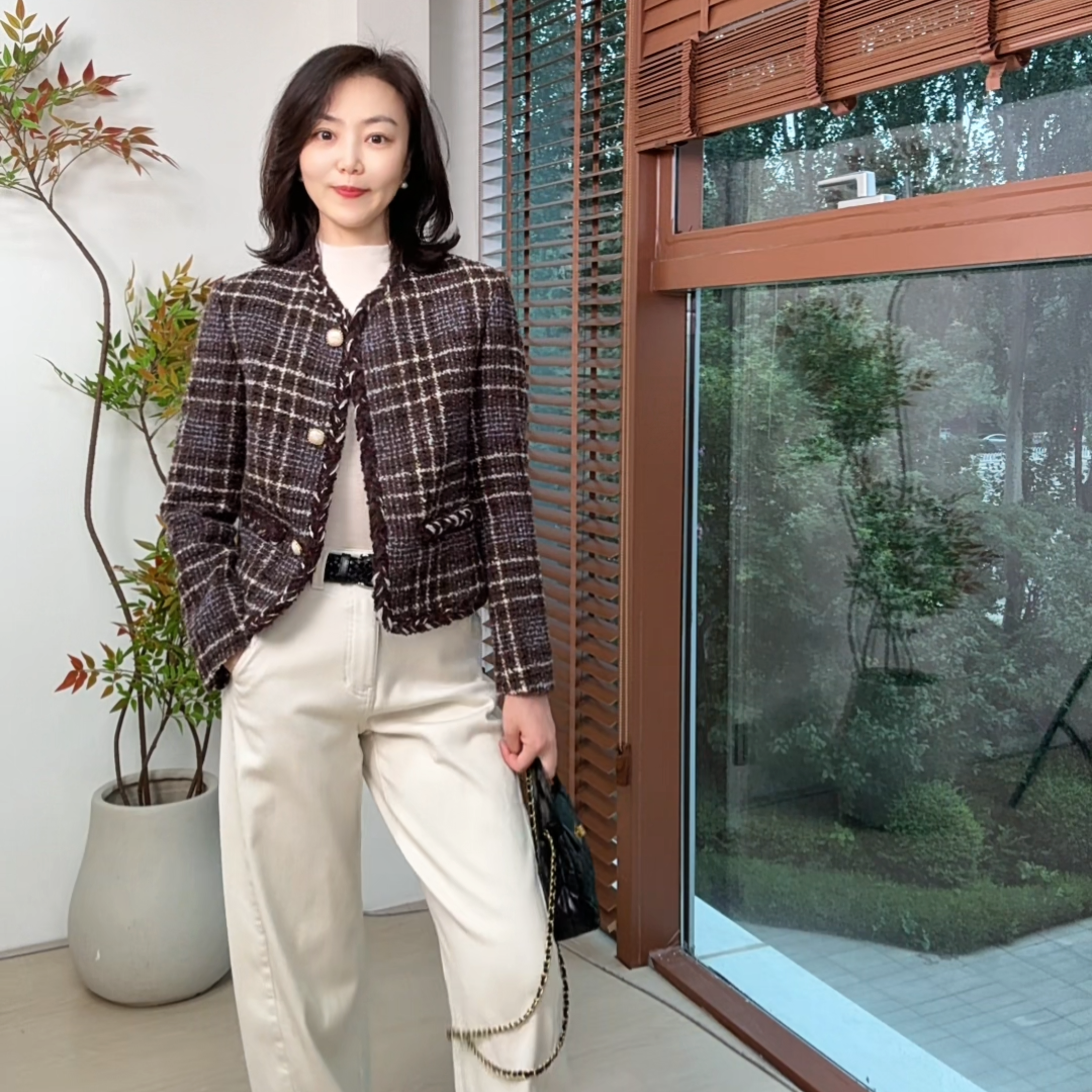 SEPT CHIC W秋冬咖色格小香粗花呢短外套女S72962WTFAG