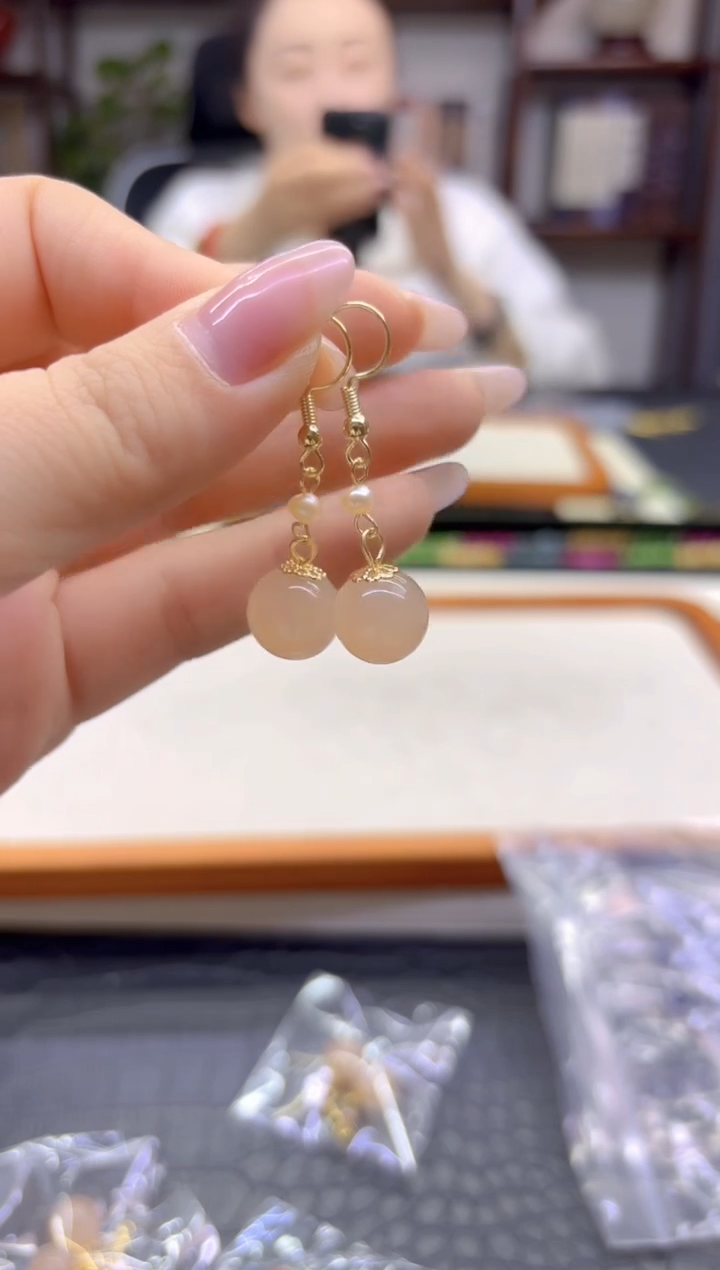 14K金镶嵌和田玉耳饰DIY款E816