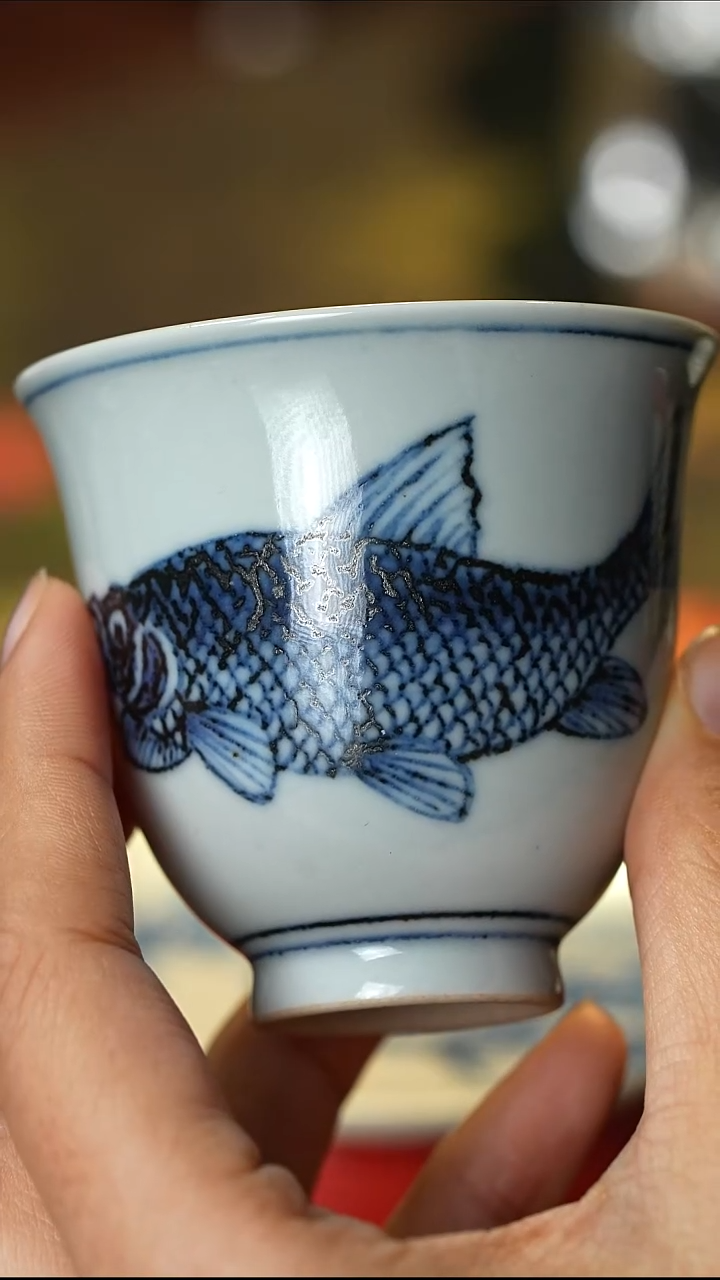 熊窑景德镇高温纯手工手绘仿元青花鳜鱼主人杯