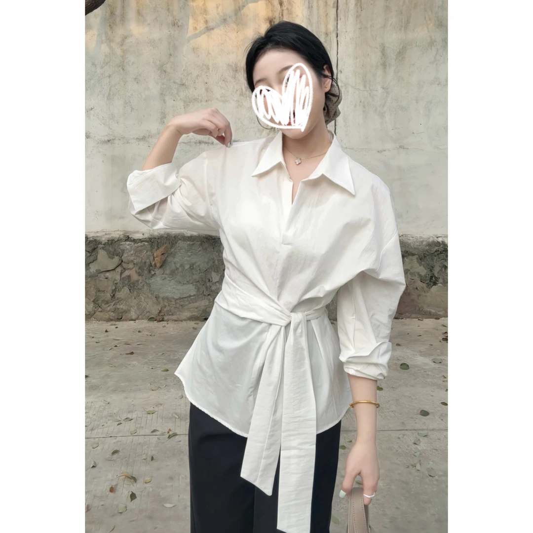韩版气质简约宽松衬衣女收腰显瘦时尚法式百搭白色衬衫女8654
