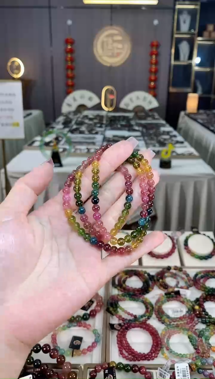 未镶嵌冰透体老矿碧玺彩虹三圈手串5mm+碧玺hon多样性发一条