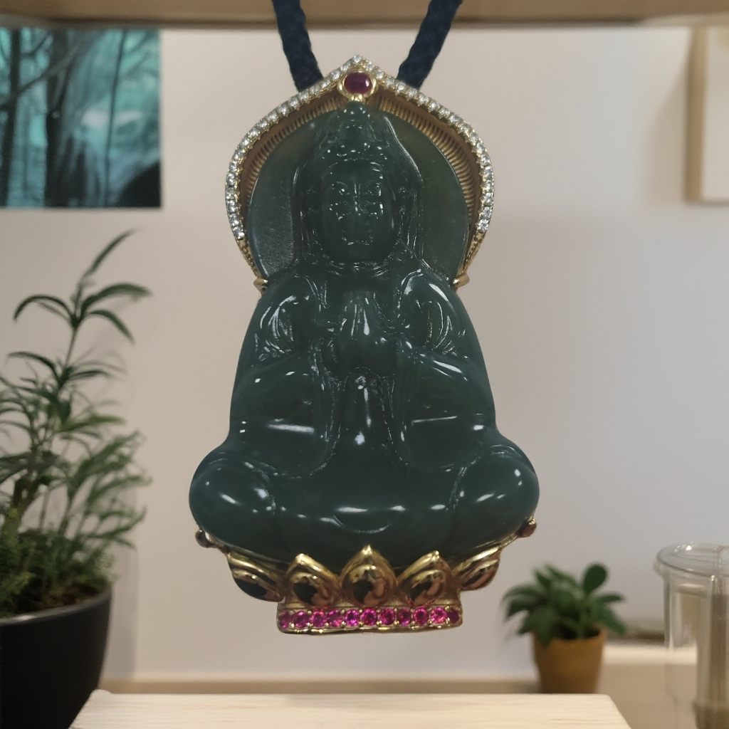 和田玉 时尚精美 观音 银S925镀金镶嵌 吊坠 带礼盒