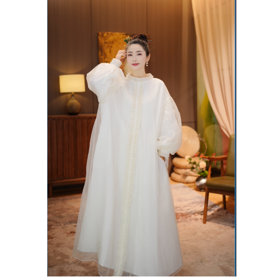 彬壹冉-2621原创秋冬新款桑蚕丝仙气飘逸加棉保暖长款白色连衣裙