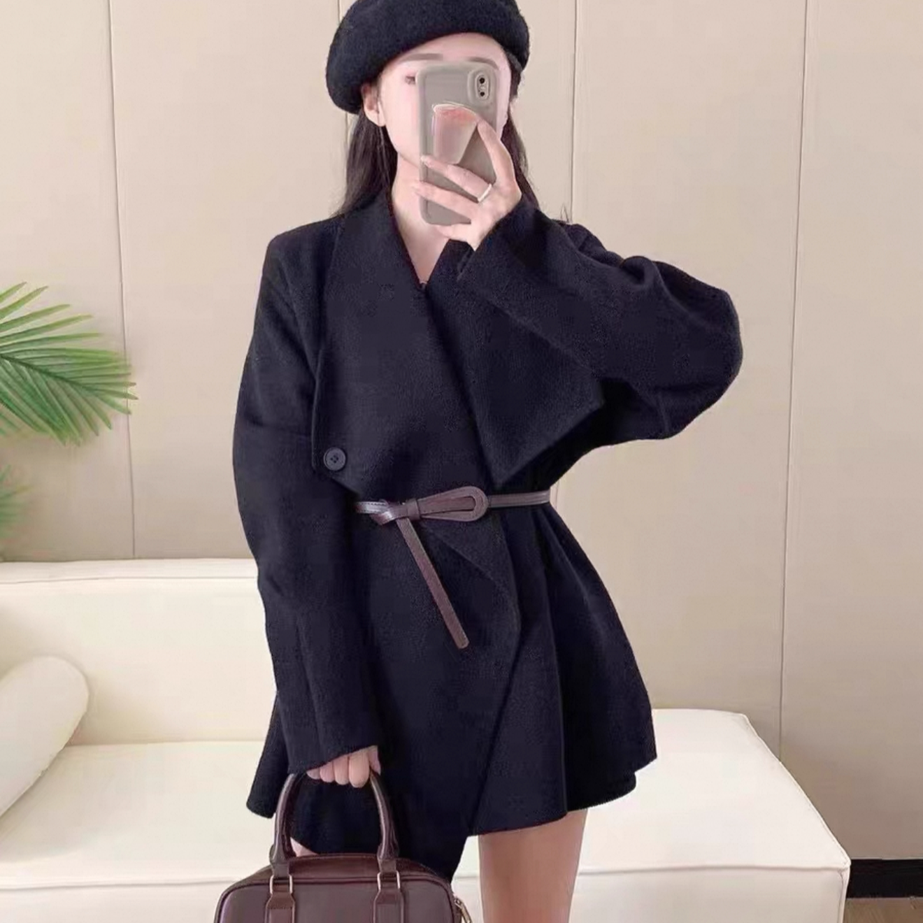 宽松时尚毛呢短款毛针织衫韩版女秋冬设计师常规袖双面呢休闲