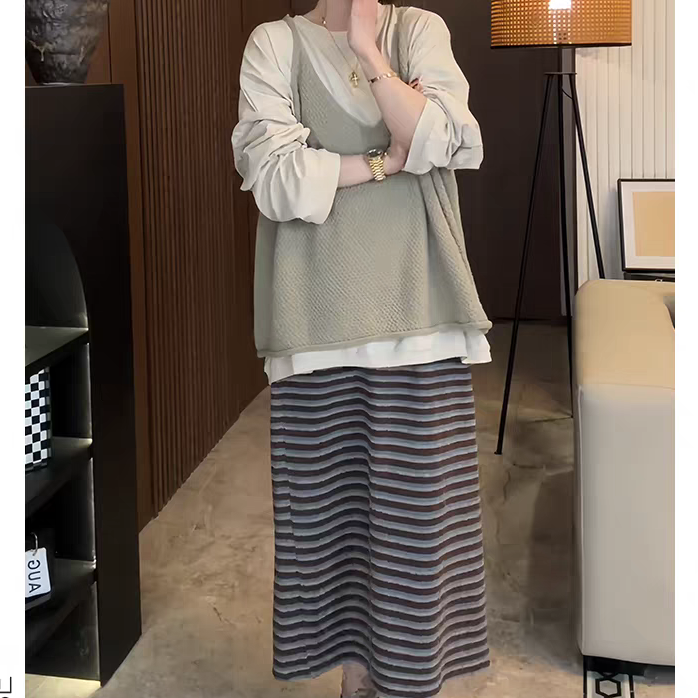 复古休闲长袖上衣吊带条纹裙套装气质宽松