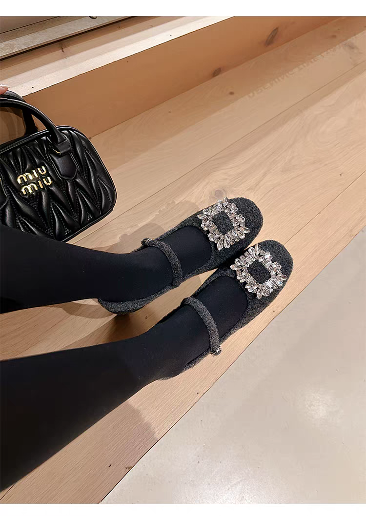 气质玛丽珍鞋女加绒法式晚风方头水钻内增高毛毛鞋女冬外穿单鞋