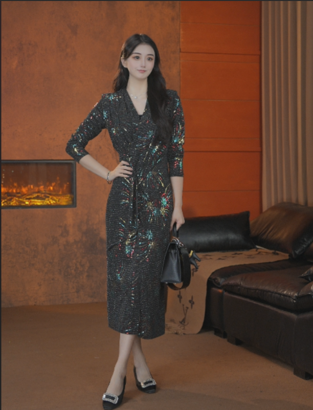 烟花图案珠片显瘦气质轻奢收腰高级减龄秋季时尚优雅连衣裙A010