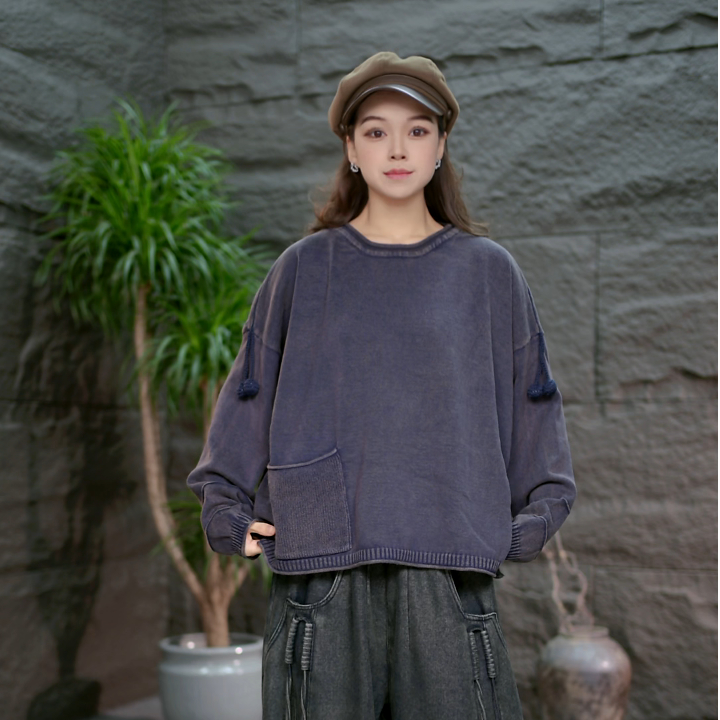 【炒色流苏针织打底】慵懒风丹宁风复古口袋日系休闲风针织打底衫