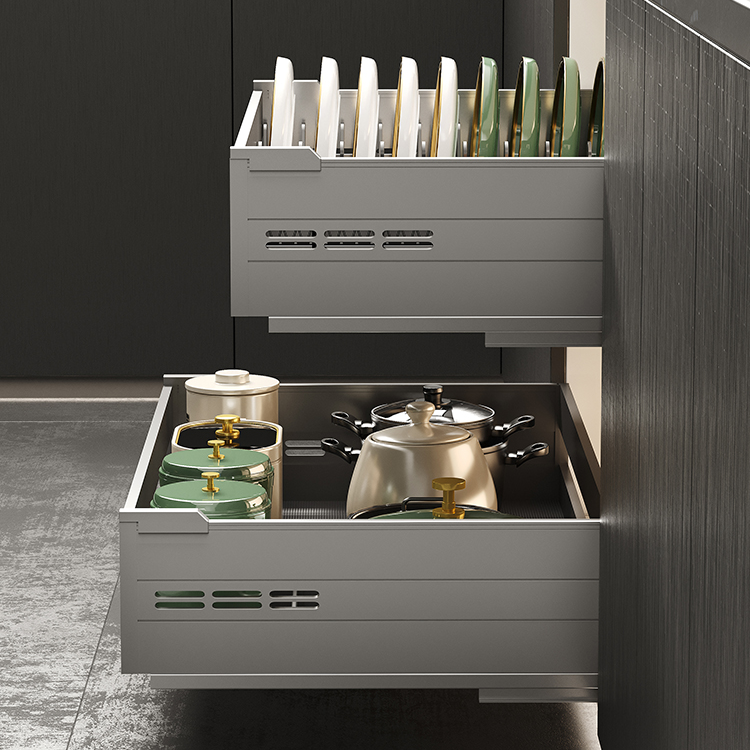 太空铝双层推拉厨房碗碟拉篮铝合金款橱柜收纳抽屉式两层可抽款