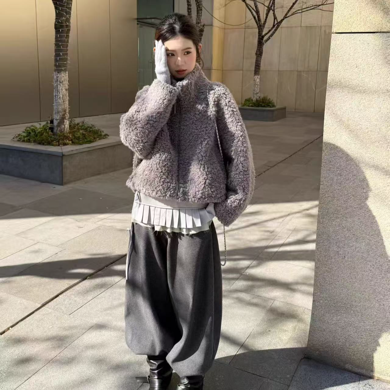 88107•小立领 WT# 东大门小立领皮一体毛毛外套•