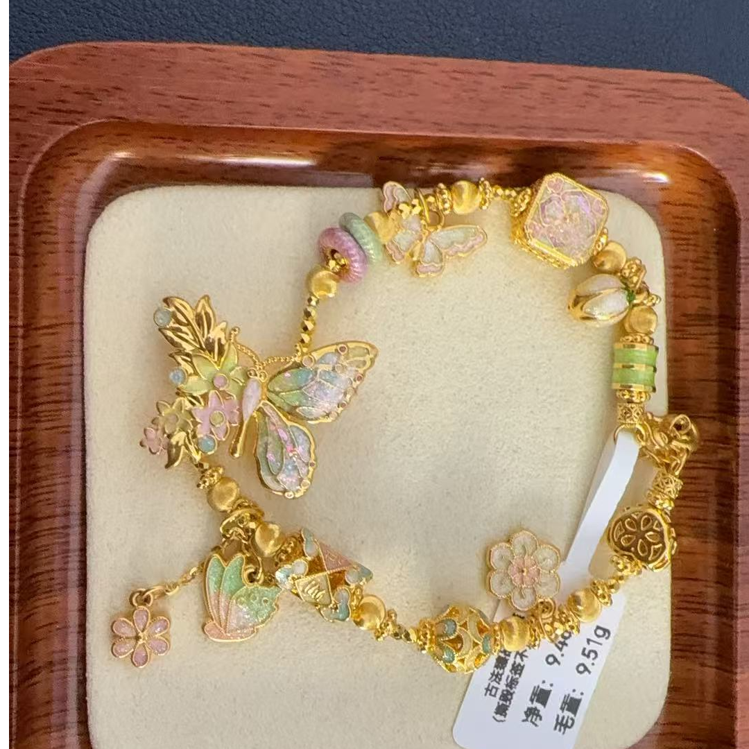 斯 足金999珐琅彩绿色古韵蝴蝶白菜跑环手链 07020003