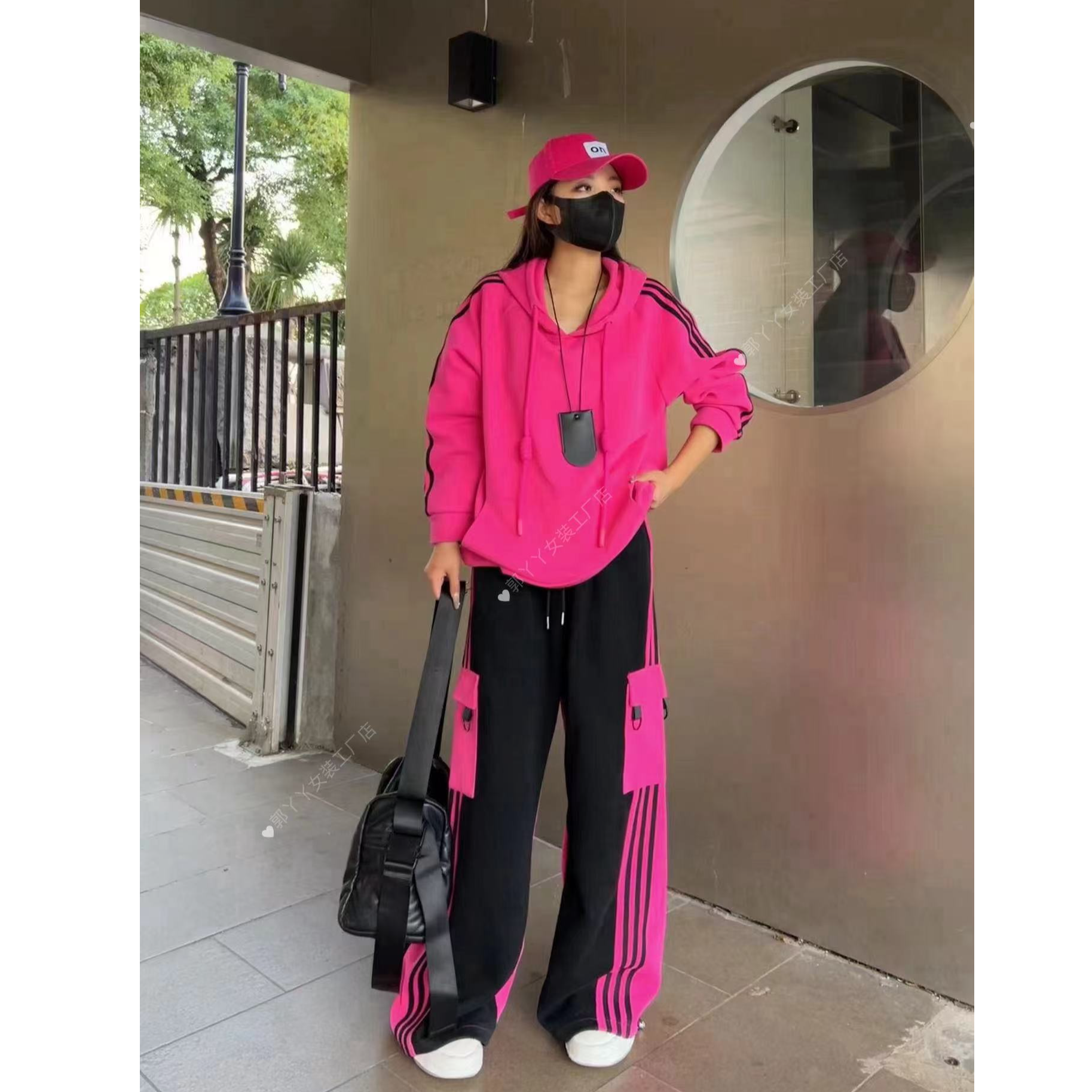 秋冬新款重工设计AB面撞色拼条百搭时尚显瘦阔腿直筒套装