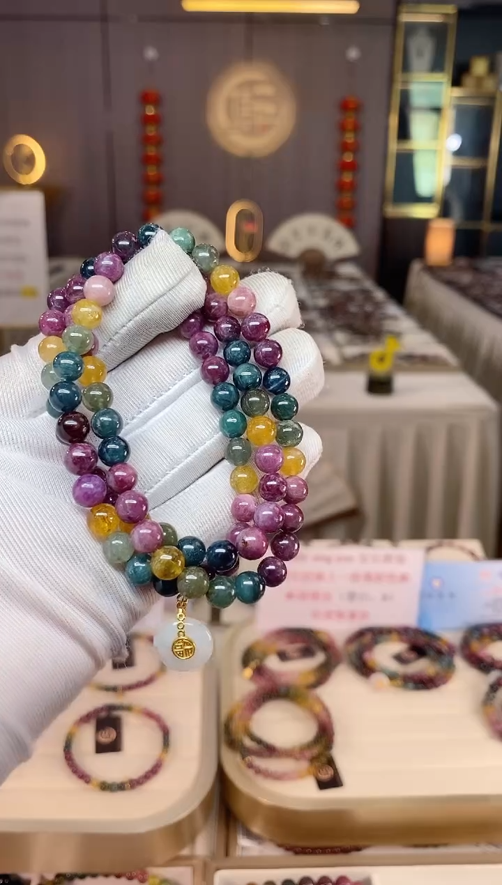 未镶嵌老矿碧玺彩虹三圈手串6mm+碧玺xion多样性发一条