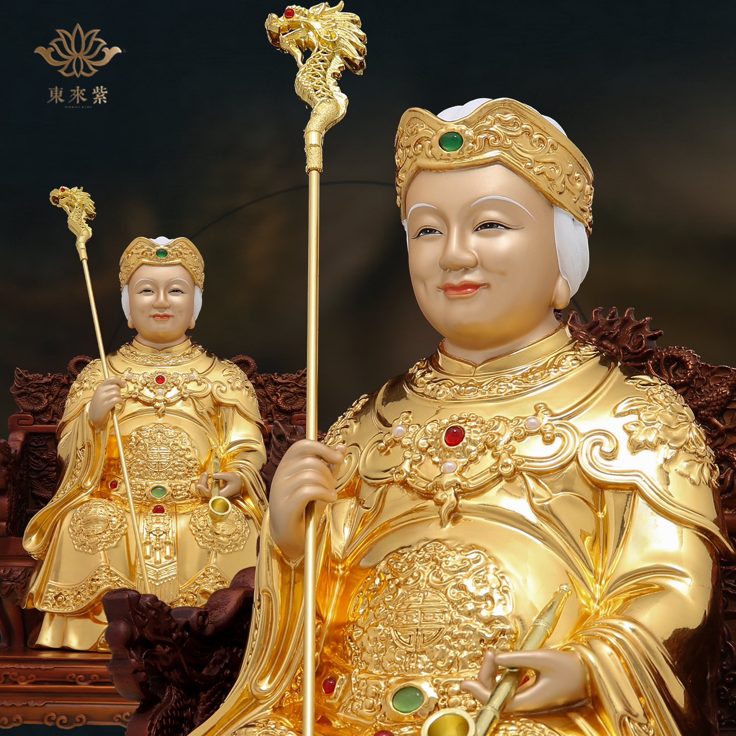 黄铜黑妈妈雕像黑老太太像家用桌面摆件中式黑奶奶贴金镶宝工艺品