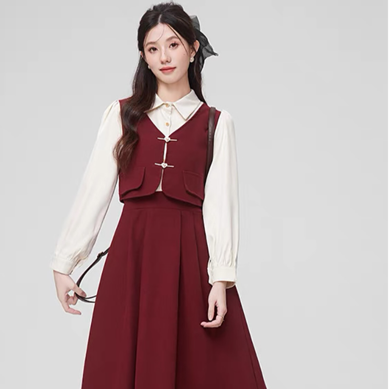 【芊朵 】红色连衣裙小个子秋季新款女生气质通勤假两件套衬衫裙子
