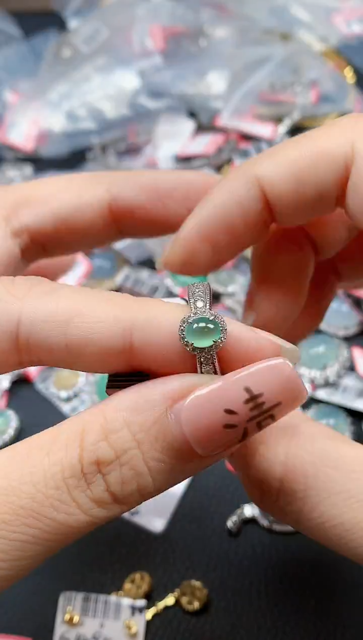 银S925镶嵌戒指翡翠天然A货缅甸翡翠
