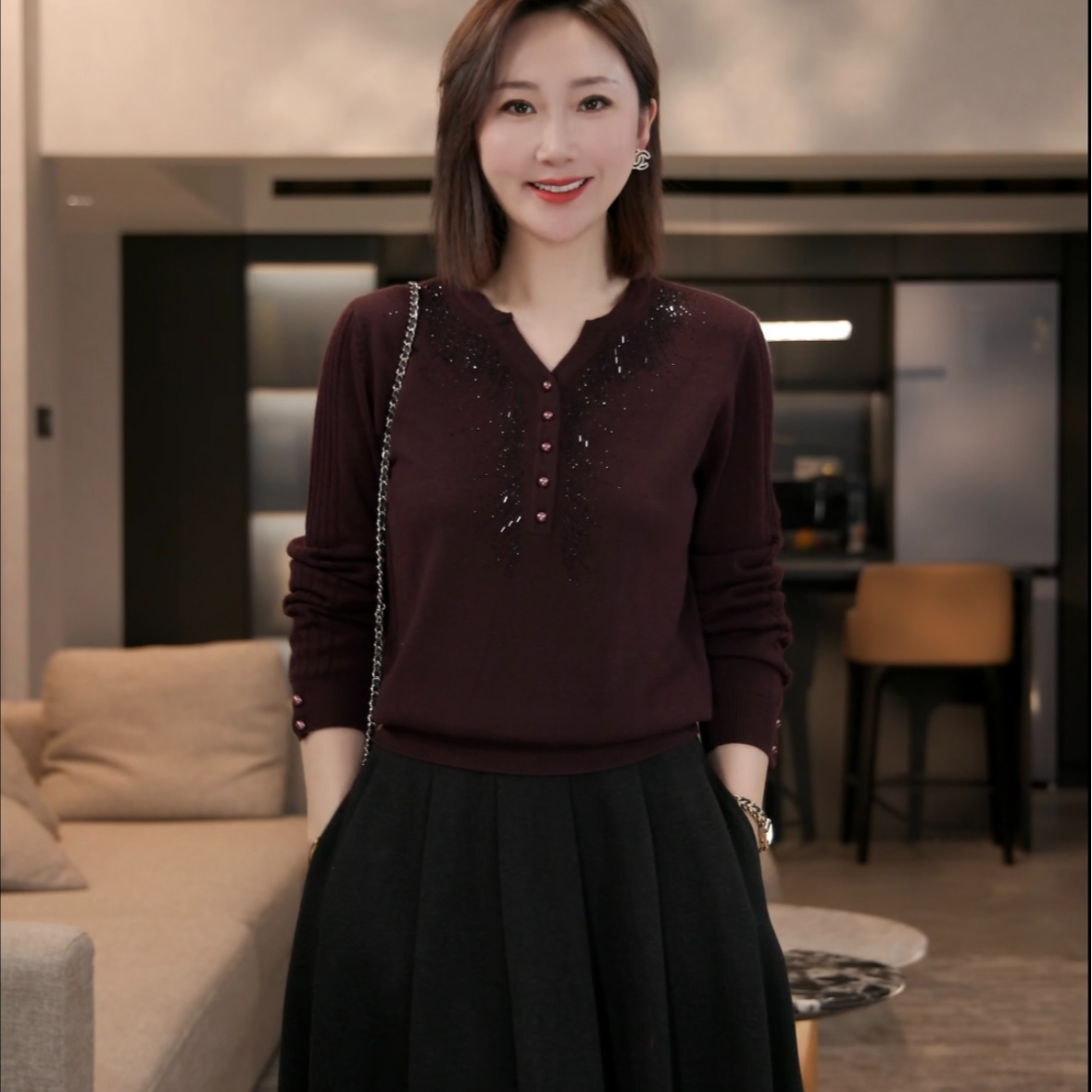 【双姐】纽扣女装国风妈妈羊毛针织烫钻秋冬内搭宽松JH11588