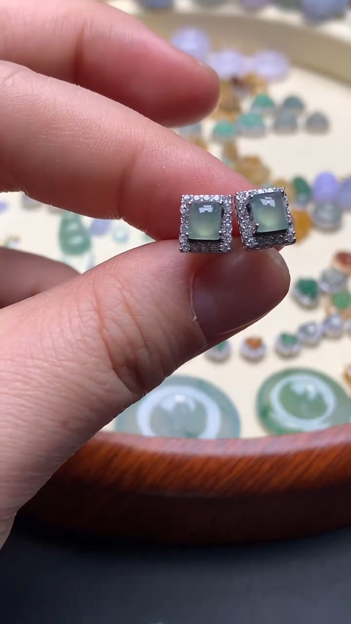 【闪购商品】翡翠耳饰银S925镶嵌翡翠耳钉方糖