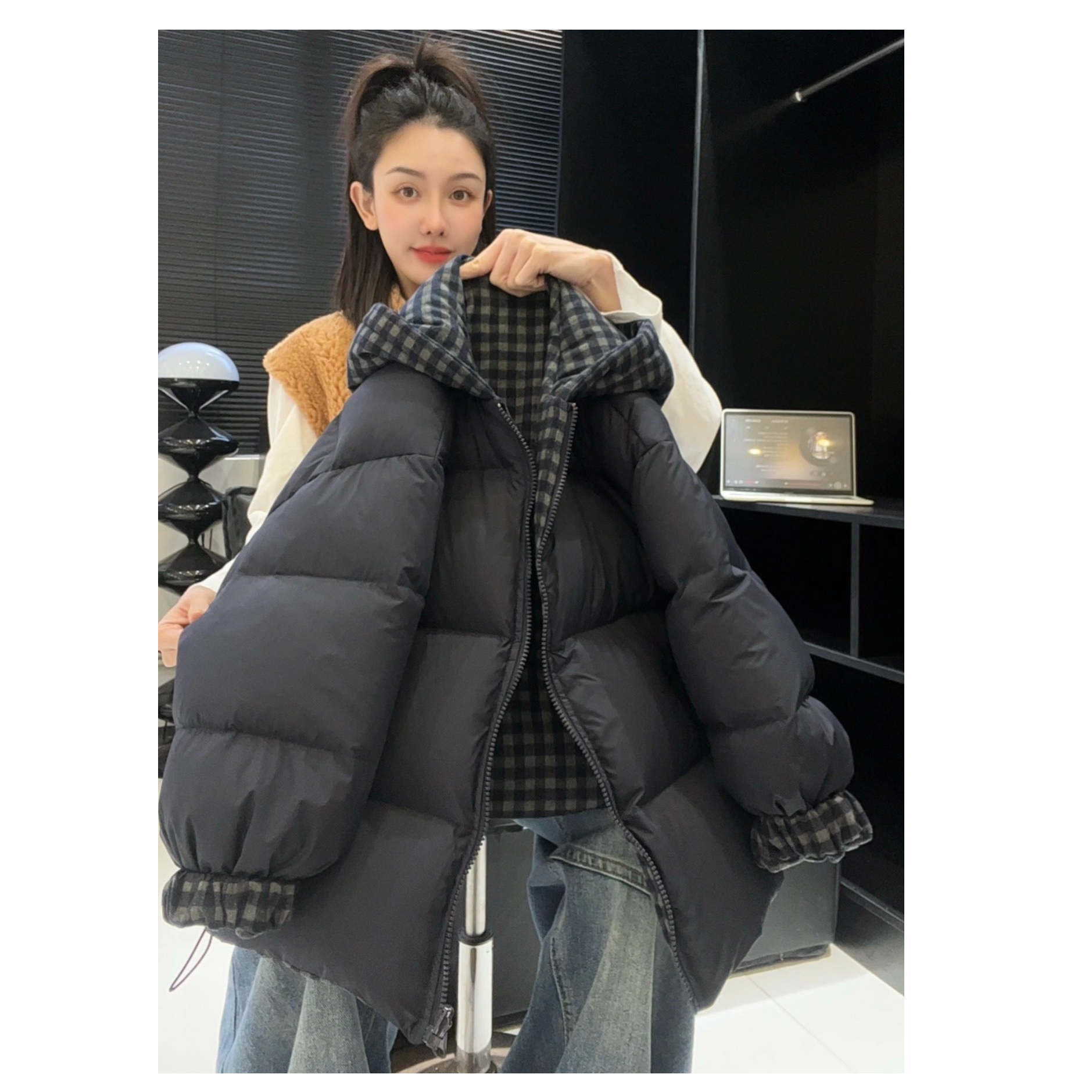 【现货48H】儿童双面穿棉服2025冬季新款姐弟款韩版格子时尚棉衣